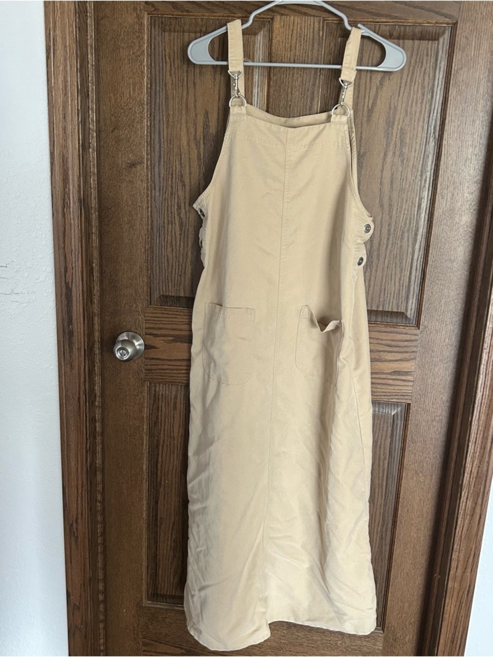Classic Elements Tan Pinafore Midi Dress with Front Pockets